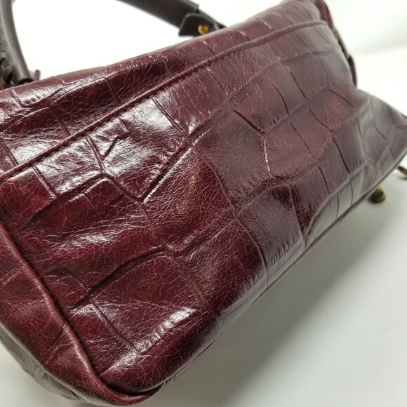 Badgley Mischka Dark Burgundy Red Faux Croc Embossed Leather & Brown Handbag - Picture 13 of 16